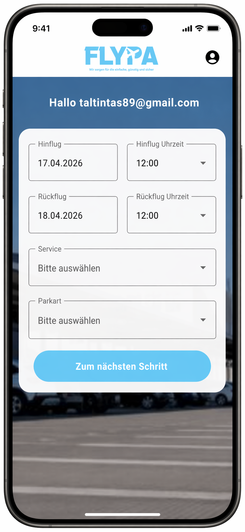 Echter Screenshot des Buchungsformulars in der FLYPA-App