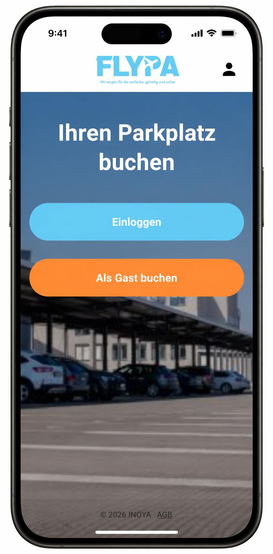 Echter Screenshot der FLYPA-App: Einstieg zur Parkplatzbuchung