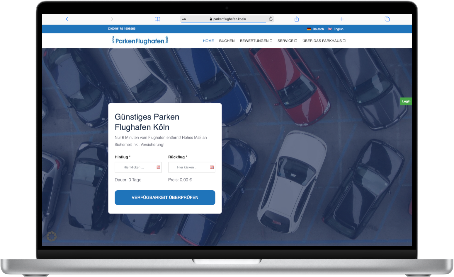 Screenshot der Webseite Parken Flughafen Köln